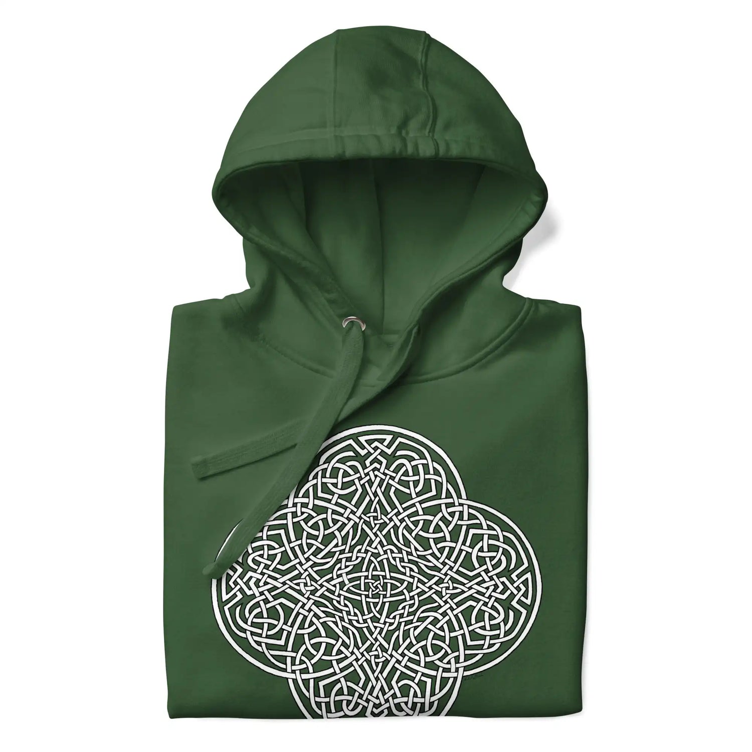 A folded forest green Xigfireon graphic hoodie featuring the Black & White Hollow iteration of the Reach Of The Spirit Celtic knot design. The Reach Of The Spirit Celtic knot symbolizes the Earth.