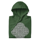A folded forest green Xigfireon graphic hoodie featuring the Black & White Hollow iteration of the Reach Of The Spirit Celtic knot design. The Reach Of The Spirit Celtic knot symbolizes the Earth.