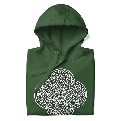 A folded forest green Xigfireon graphic hoodie featuring the Black &amp; White Hollow iteration of the Reach Of The Spirit Celtic knot design. The Reach Of The Spirit Celtic knot symbolizes the Earth.