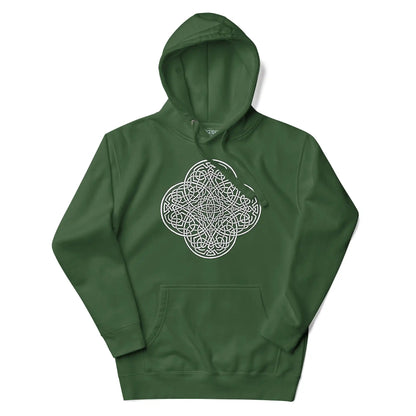A forest green Xigfireon graphic hoodie featuring the Black &amp; White Hollow iteration of the Reach Of The Spirit Celtic knot design. The Reach Of The Spirit Celtic knot symbolizes the Earth.