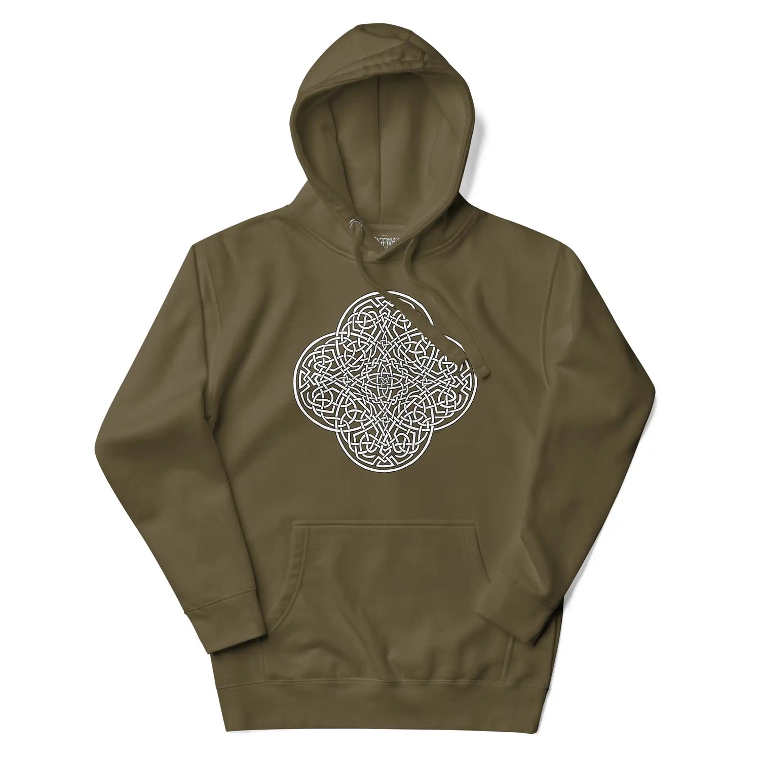 A military green Xigfireon graphic hoodie featuring the Black & White Hollow iteration of the Reach Of The Spirit Celtic knot design. The Reach Of The Spirit Celtic knot symbolizes the Earth.