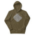A military green Xigfireon graphic hoodie featuring the Black & White Hollow iteration of the Reach Of The Spirit Celtic knot design. The Reach Of The Spirit Celtic knot symbolizes the Earth.