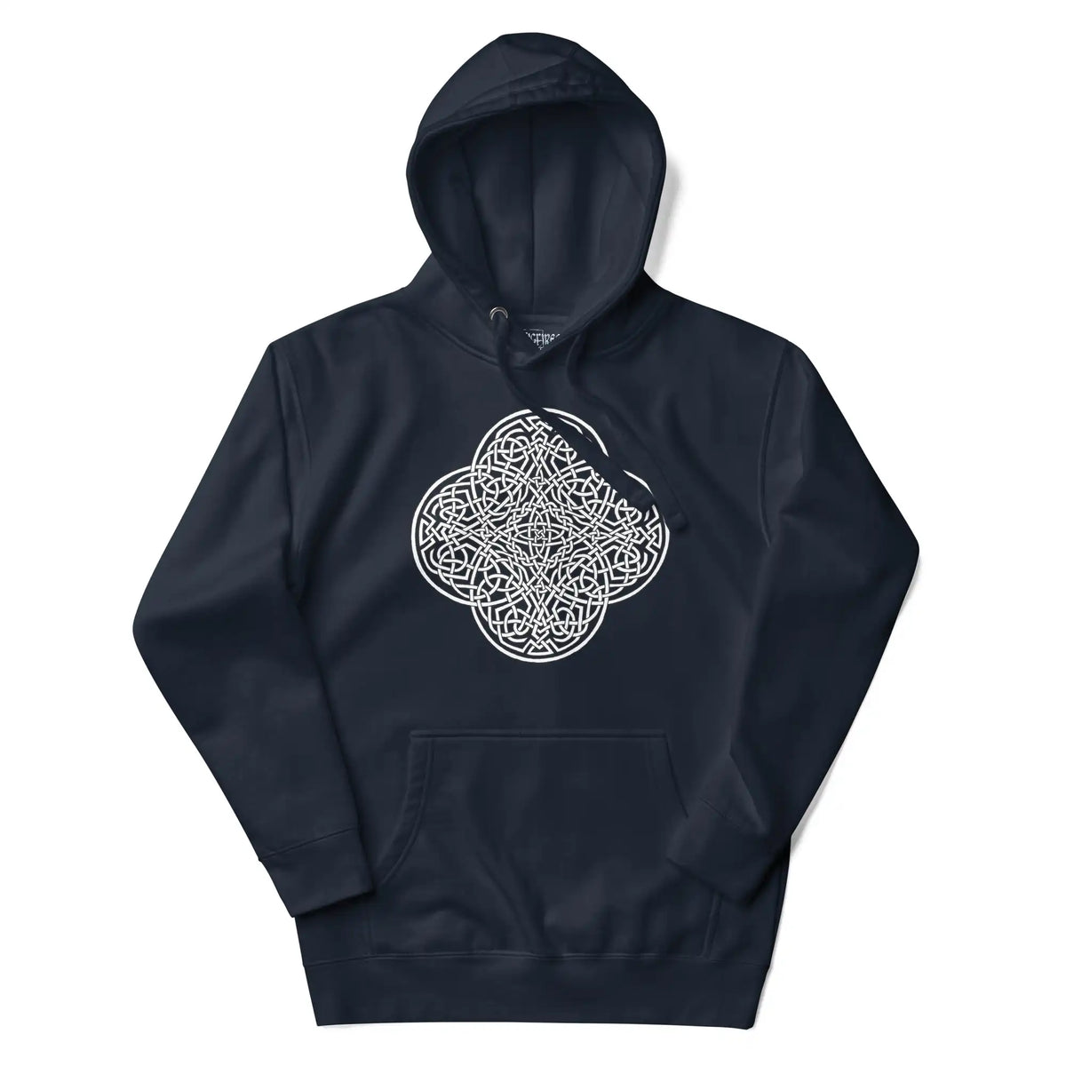 A navy blazer blue Xigfireon graphic hoodie featuring the Black &amp; White Hollow iteration of the Reach Of The Spirit Celtic knot design. The Reach Of The Spirit Celtic knot symbolizes the Earth.
