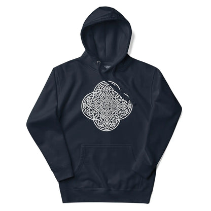 A navy blazer blue Xigfireon graphic hoodie featuring the Black &amp; White Hollow iteration of the Reach Of The Spirit Celtic knot design. The Reach Of The Spirit Celtic knot symbolizes the Earth.