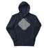 A navy blazer blue Xigfireon graphic hoodie featuring the Black & White Hollow iteration of the Reach Of The Spirit Celtic knot design. The Reach Of The Spirit Celtic knot symbolizes the Earth.