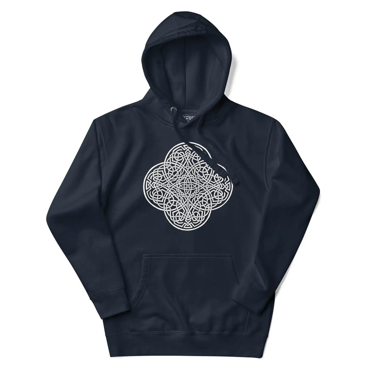 A navy blazer blue Xigfireon graphic hoodie featuring the Black & White Hollow iteration of the Reach Of The Spirit Celtic knot design. The Reach Of The Spirit Celtic knot symbolizes the Earth.