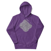 A purple Xigfireon graphic hoodie featuring the Black & White Hollow iteration of the Reach Of The Spirit Celtic knot design. The Reach Of The Spirit Celtic knot symbolizes the Earth.