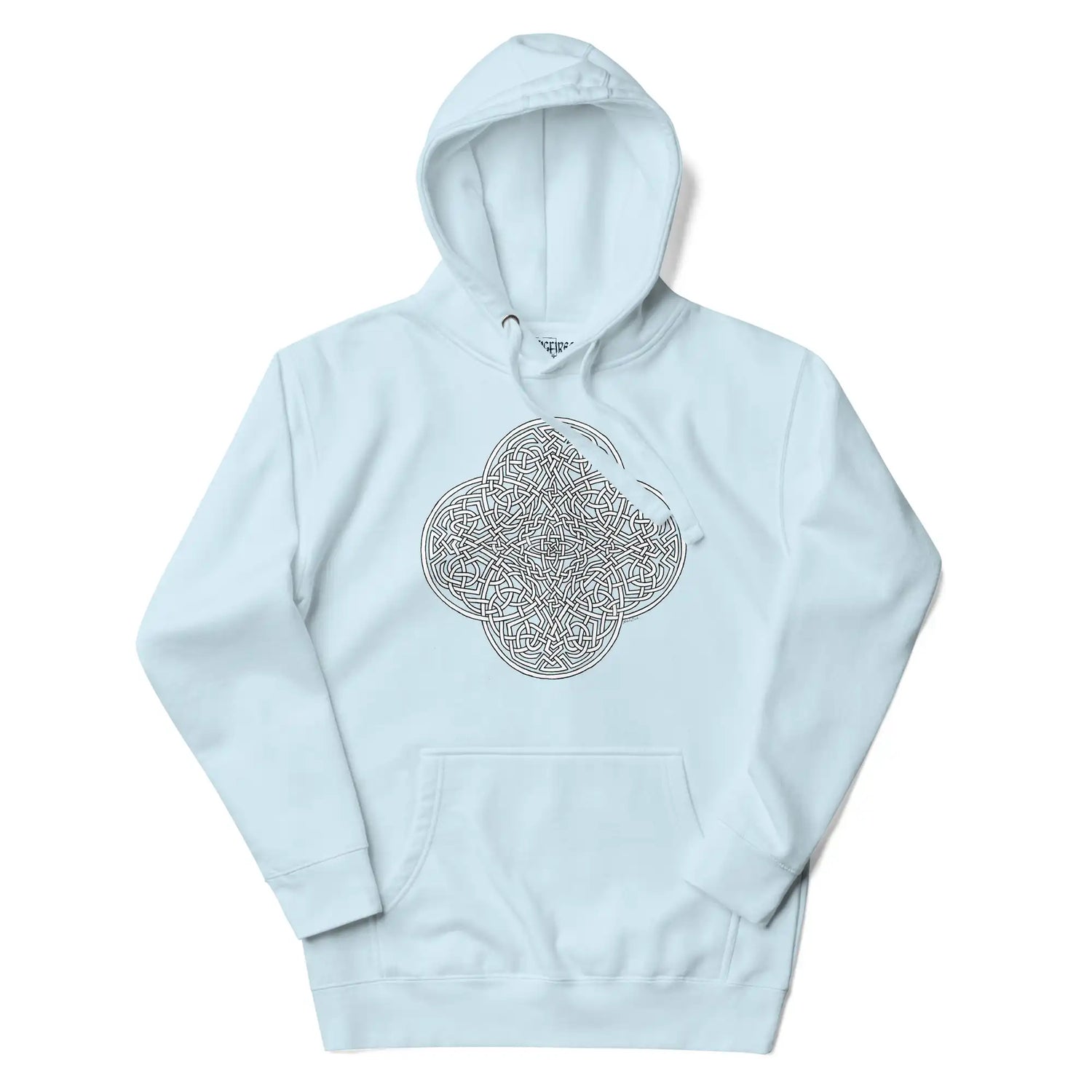 A sky blue Xigfireon graphic hoodie featuring the Black & White Hollow iteration of the Reach Of The Spirit Celtic knot design. The Reach Of The Spirit Celtic knot symbolizes the Earth.
