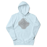 A sky blue Xigfireon graphic hoodie featuring the Black & White Hollow iteration of the Reach Of The Spirit Celtic knot design. The Reach Of The Spirit Celtic knot symbolizes the Earth.