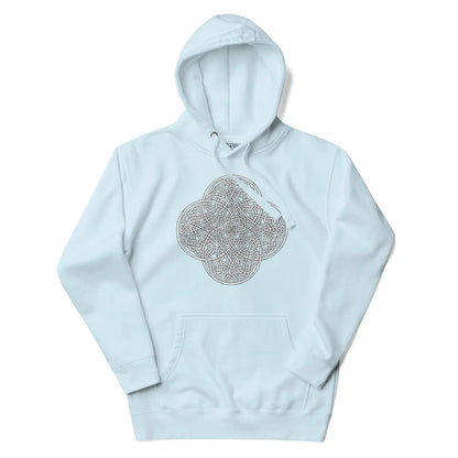 A sky blue Xigfireon graphic hoodie featuring the Black &amp; White Hollow iteration of the Reach Of The Spirit Celtic knot design. The Reach Of The Spirit Celtic knot symbolizes the Earth.
