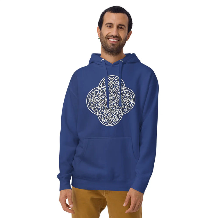 A team royal blue Xigfireon graphic hoodie featuring the Black & White Hollow iteration of the Reach Of The Spirit Celtic knot design. The Reach Of The Spirit Celtic knot represents the Earth.