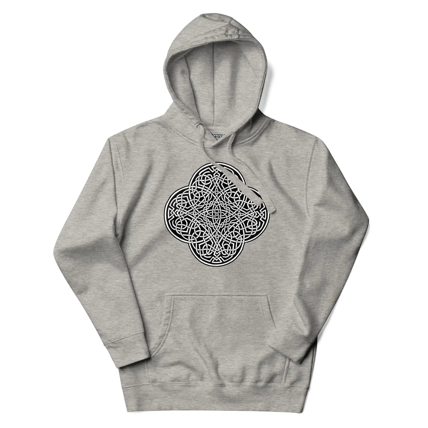 A carbon grey Xigfireon graphic hoodie featuring the Black & White Solid iteration of the Reach Of The Spirit Celtic knot design. The Reach Of The Spirit Celtic knot is an Earth symbol.