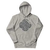 A carbon grey Xigfireon graphic hoodie featuring the Black & White Solid iteration of the Reach Of The Spirit Celtic knot design. The Reach Of The Spirit Celtic knot is an Earth symbol.