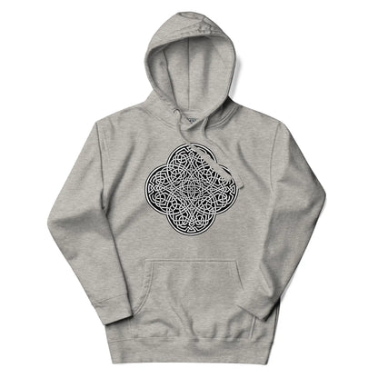 A carbon grey Xigfireon graphic hoodie featuring the Black &amp; White Solid iteration of the Reach Of The Spirit Celtic knot design. The Reach Of The Spirit Celtic knot is an Earth symbol.