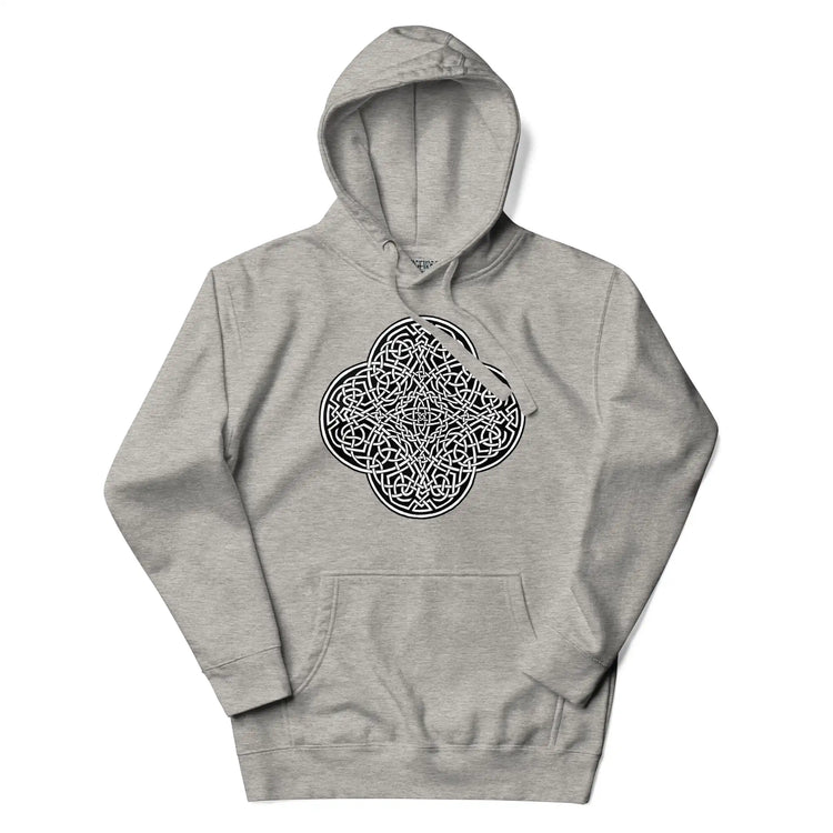 A carbon grey Xigfireon graphic hoodie featuring the Black & White Solid iteration of the Reach Of The Spirit Celtic knot design. The Reach Of The Spirit Celtic knot is an Earth symbol.