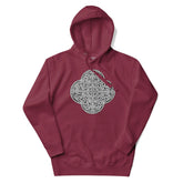 A maroon Xigfireon graphic hoodie featuring the Black & White Solid iteration of the Reach Of The Spirit Celtic knot design. The Reach Of The Spirit Celtic knot is an Earth symbol.