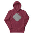 A maroon Xigfireon graphic hoodie featuring the Black & White Solid iteration of the Reach Of The Spirit Celtic knot design. The Reach Of The Spirit Celtic knot is an Earth symbol.