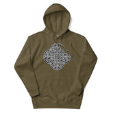 A military green Xigfireon graphic hoodie featuring the Black & White Solid iteration of the Reach Of The Spirit Celtic knot design. The Reach Of The Spirit Celtic knot is an Earth symbol.