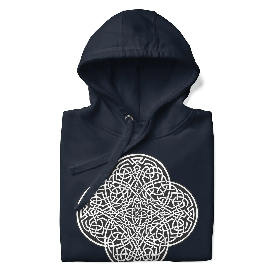 A folded navy blazer blue Xigfireon graphic hoodie featuring the Black &amp; White Solid iteration of the Reach Of The Spirit Celtic knot design. The Reach Of The Spirit Celtic knot symbolizes the Earth.