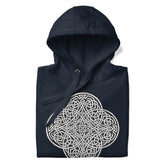 A folded navy blazer blue Xigfireon graphic hoodie featuring the Black & White Solid iteration of the Reach Of The Spirit Celtic knot design. The Reach Of The Spirit Celtic knot symbolizes the Earth.