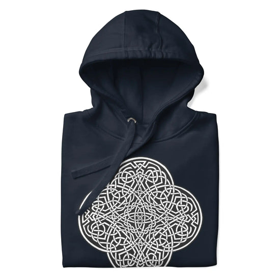 A folded navy blazer blue Xigfireon graphic hoodie featuring the Black & White Solid iteration of the Reach Of The Spirit Celtic knot design. The Reach Of The Spirit Celtic knot symbolizes the Earth.
