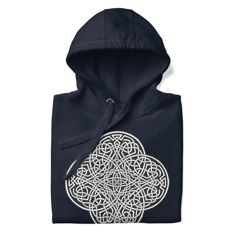 A folded navy blazer blue Xigfireon graphic hoodie featuring the Black & White Solid iteration of the Reach Of The Spirit Celtic knot design. The Reach Of The Spirit Celtic knot symbolizes the Earth.