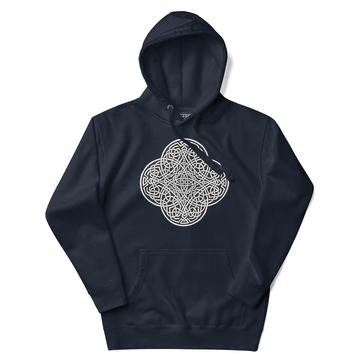 A navy blazer blue Xigfireon graphic hoodie featuring the Black &amp; White Solid iteration of the Reach Of The Spirit Celtic knot design. The Reach Of The Spirit Celtic knot is an Earth symbol.