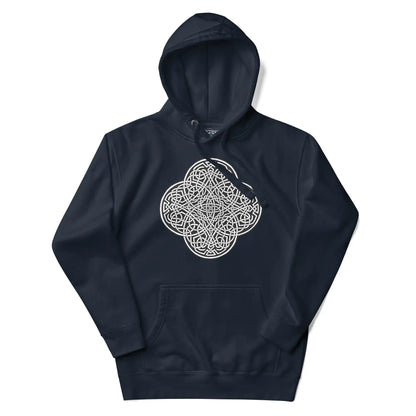 A navy blazer blue Xigfireon graphic hoodie featuring the Black &amp; White Solid iteration of the Reach Of The Spirit Celtic knot design. The Reach Of The Spirit Celtic knot is an Earth symbol.