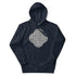 A navy blazer blue Xigfireon graphic hoodie featuring the Black & White Solid iteration of the Reach Of The Spirit Celtic knot design. The Reach Of The Spirit Celtic knot is an Earth symbol.