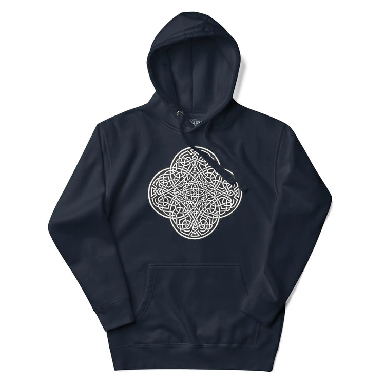 A navy blazer blue Xigfireon graphic hoodie featuring the Black & White Solid iteration of the Reach Of The Spirit Celtic knot design. The Reach Of The Spirit Celtic knot is an Earth symbol.