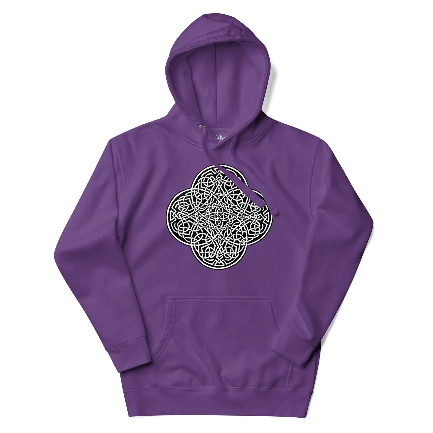 A purple Xigfireon graphic hoodie featuring the Black & White Solid iteration of the Reach Of The Spirit Celtic knot design. The Reach Of The Spirit Celtic knot is an Earth symbol.