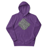 A purple Xigfireon graphic hoodie featuring the Black & White Solid iteration of the Reach Of The Spirit Celtic knot design. The Reach Of The Spirit Celtic knot is an Earth symbol.