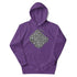 A purple Xigfireon graphic hoodie featuring the Black & White Solid iteration of the Reach Of The Spirit Celtic knot design. The Reach Of The Spirit Celtic knot is an Earth symbol.