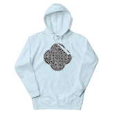A sky blue Xigfireon graphic hoodie featuring the Black & White Solid iteration of the Reach Of The Spirit Celtic knot design. The Reach Of The Spirit Celtic knot is an Earth symbol.