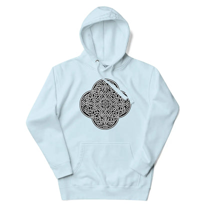 A sky blue Xigfireon graphic hoodie featuring the Black &amp; White Solid iteration of the Reach Of The Spirit Celtic knot design. The Reach Of The Spirit Celtic knot is an Earth symbol.