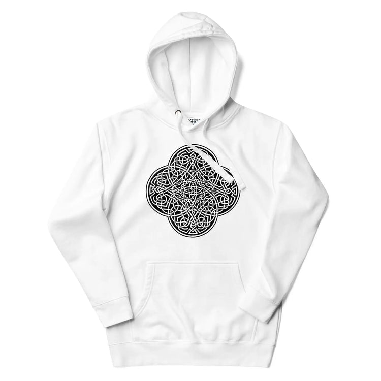 A white Xigfireon graphic hoodie featuring the Black & White Solid iteration of the Reach Of The Spirit Celtic knot design. The Reach Of The Spirit Celtic knot is an Earth symbol.
