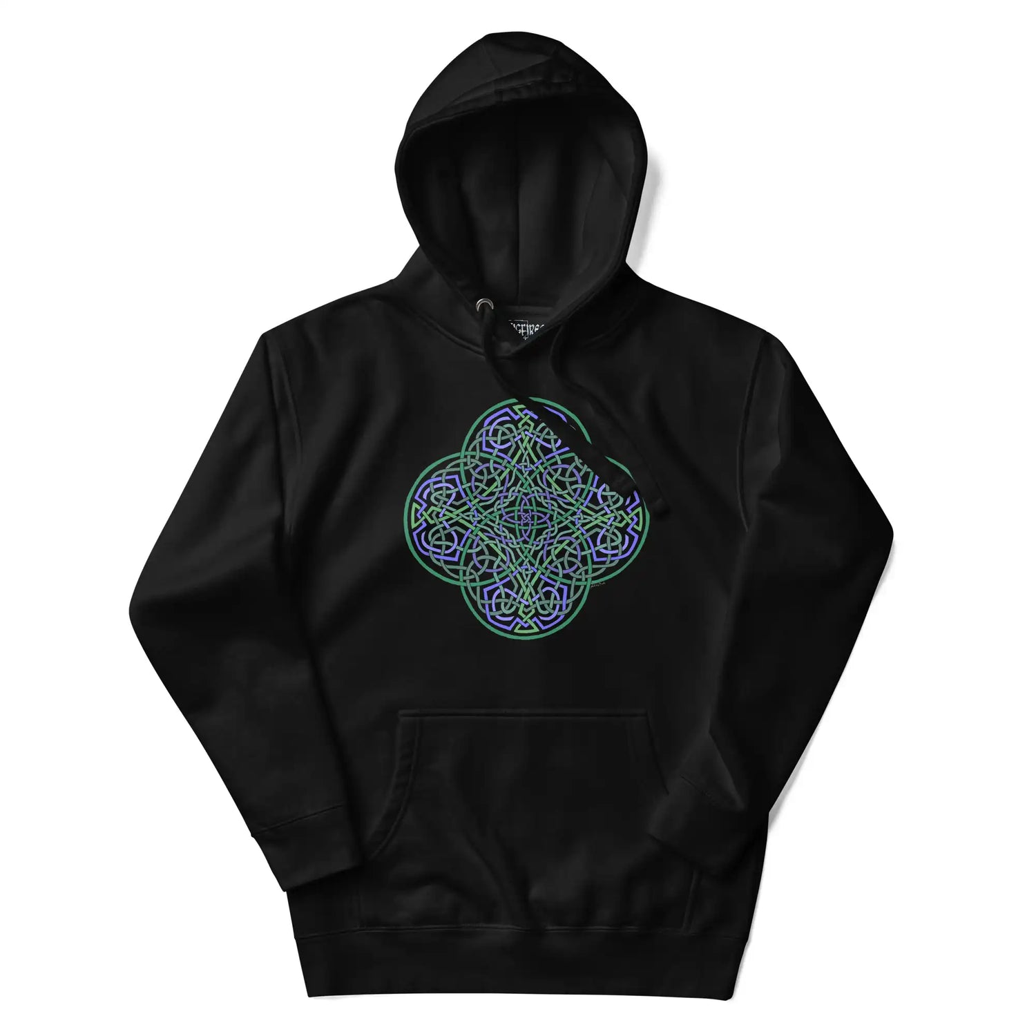 A black Xigfireon graphic hoodie featuring the Living Colour Flat iteration of the Reach Of The Spirit Celtic knot design. The Reach Of The Spirit Celtic knot symbolizes the Earth.