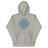A carbon grey Xigfireon graphic hoodie featuring the Living Colour Flat iteration of the Reach Of The Spirit Celtic knot design. The Reach Of The Spirit Celtic knot represents the Earth.