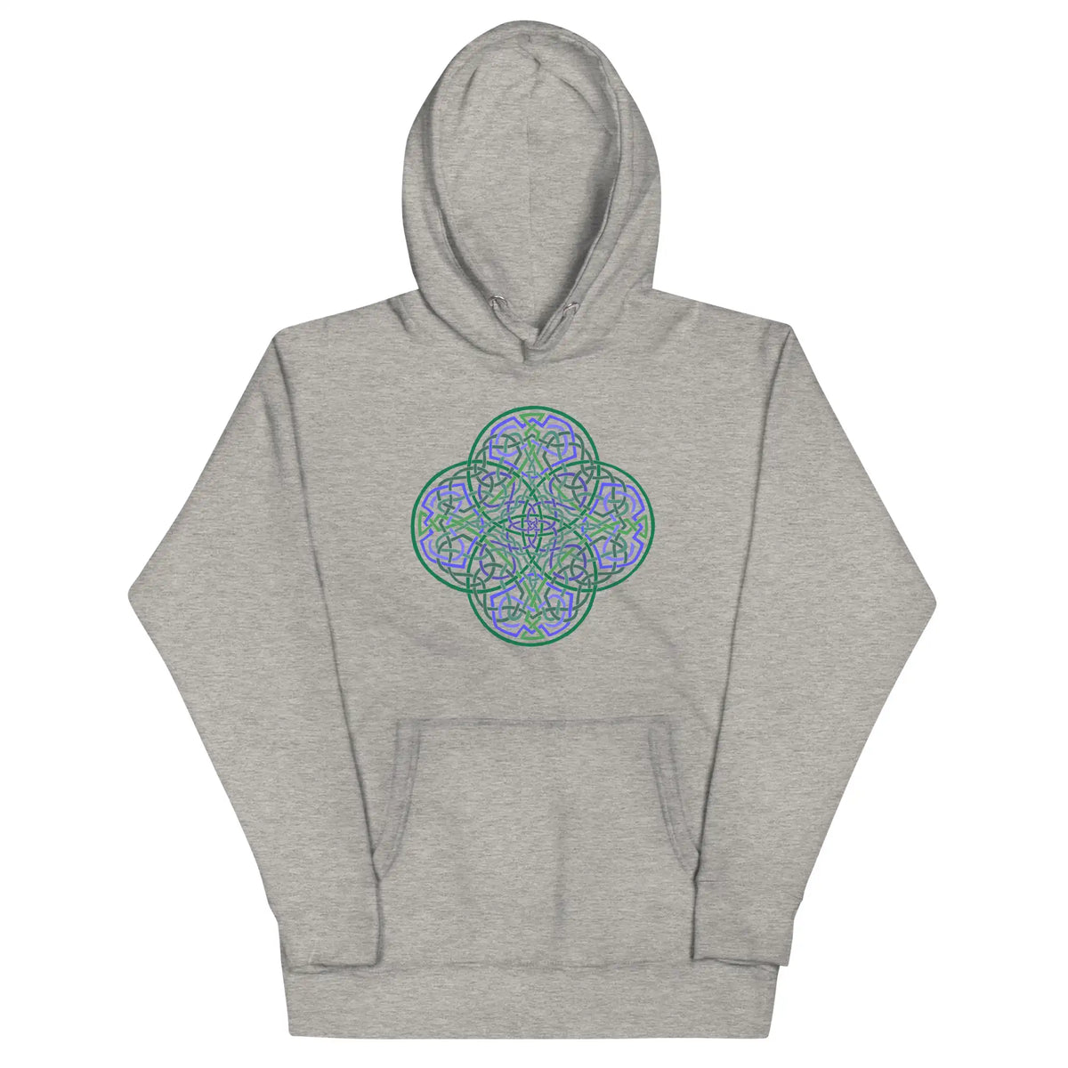 A carbon grey Xigfireon graphic hoodie featuring the Living Colour Flat iteration of the Reach Of The Spirit Celtic knot design. The Reach Of The Spirit Celtic knot represents the Earth.