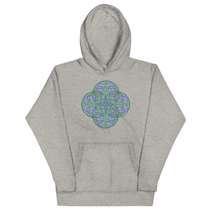 A carbon grey Xigfireon graphic hoodie featuring the Living Colour Flat iteration of the Reach Of The Spirit Celtic knot design. The Reach Of The Spirit Celtic knot represents the Earth.