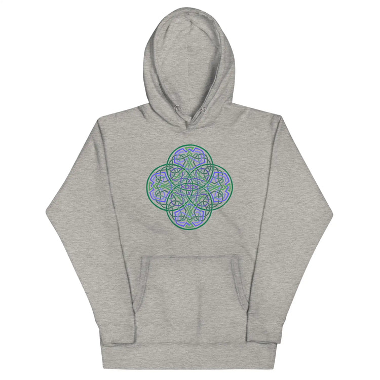 A carbon grey Xigfireon graphic hoodie featuring the Living Colour Flat iteration of the Reach Of The Spirit Celtic knot design. The Reach Of The Spirit Celtic knot represents the Earth.