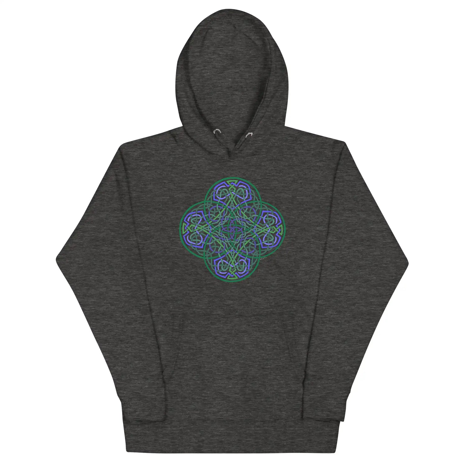 A charcoal heather Xigfireon graphic hoodie featuring the Living Colour Flat iteration of the Reach Of The Spirit Celtic knot design. The Reach Of The Spirit Celtic knot represents the Earth.