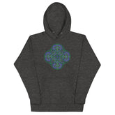 A charcoal heather Xigfireon graphic hoodie featuring the Living Colour Flat iteration of the Reach Of The Spirit Celtic knot design. The Reach Of The Spirit Celtic knot represents the Earth.