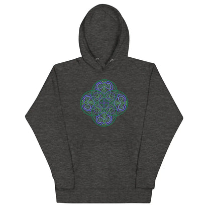 A charcoal heather Xigfireon graphic hoodie featuring the Living Colour Flat iteration of the Reach Of The Spirit Celtic knot design. The Reach Of The Spirit Celtic knot represents the Earth.