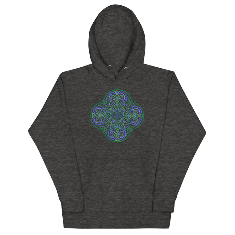 A charcoal heather Xigfireon graphic hoodie featuring the Living Colour Flat iteration of the Reach Of The Spirit Celtic knot design. The Reach Of The Spirit Celtic knot represents the Earth.