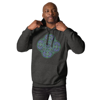 A young man wearing a charcoal heather Xigfireon graphic hoodie featuring the Living Colour Flat iteration of the Reach Of The Spirit Celtic knot design. The Reach Of The Spirit Celtic knot symbolizes the Earth.