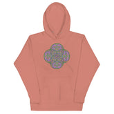 A dusty rose Xigfireon graphic hoodie featuring the Living Colour Flat iteration of the Reach Of The Spirit Celtic knot design. The Reach Of The Spirit Celtic knot represents the Earth.