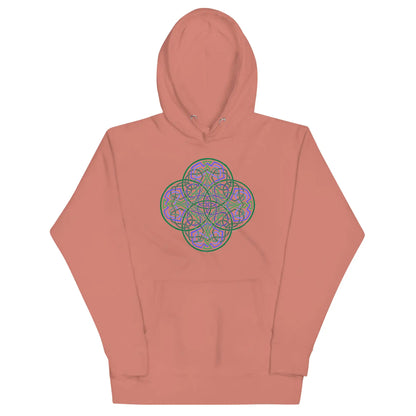 A dusty rose Xigfireon graphic hoodie featuring the Living Colour Flat iteration of the Reach Of The Spirit Celtic knot design. The Reach Of The Spirit Celtic knot represents the Earth.