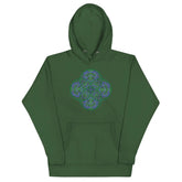 A forest green Xigfireon graphic hoodie featuring the Living Colour Flat iteration of the Reach Of The Spirit Celtic knot design. The Reach Of The Spirit Celtic knot represents the Earth.