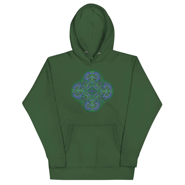 A forest green Xigfireon graphic hoodie featuring the Living Colour Flat iteration of the Reach Of The Spirit Celtic knot design. The Reach Of The Spirit Celtic knot represents the Earth.